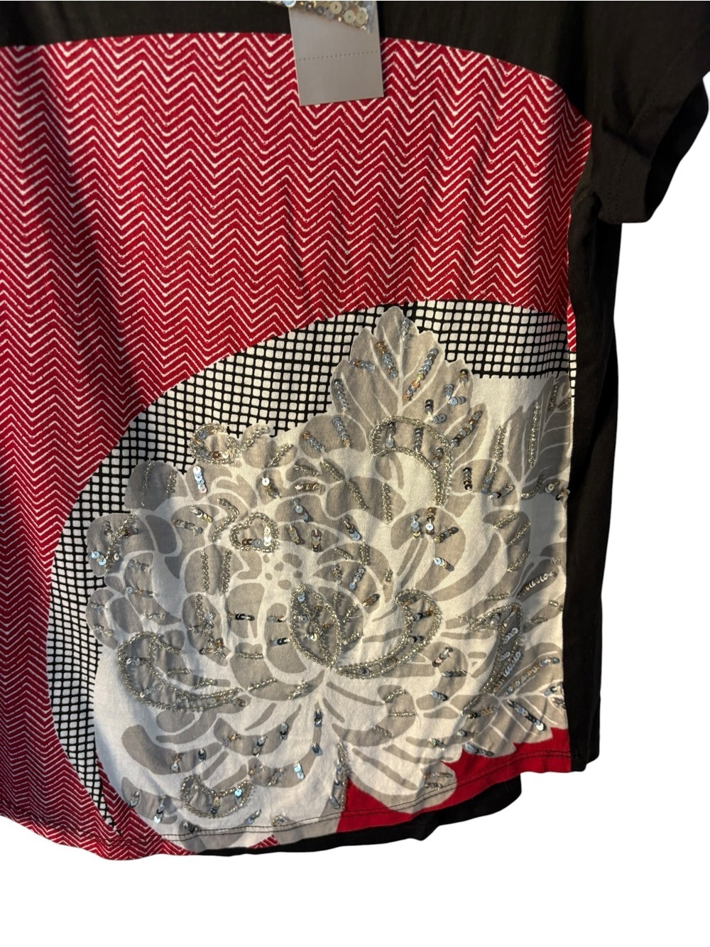 Chico's Short Sleeve Mixed-Print Top - Red, Black & Gold - Picture 3 of 6